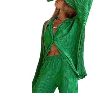 Swomog Women’s Green Wide Leg Button-Down Pants Set Medium Linen Blend